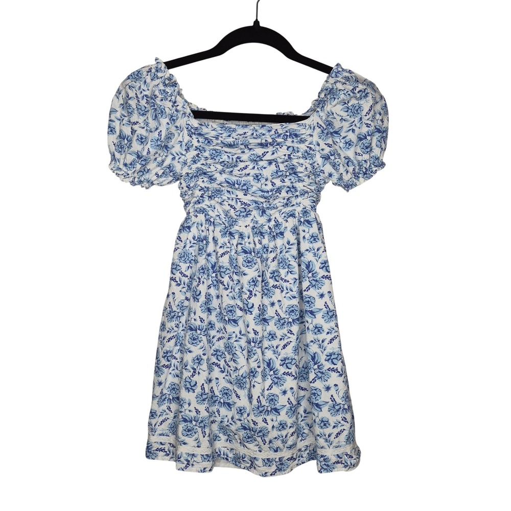 Joie‎ Girls Smocked Puff Sleeve Blue Floral Dress Sweet Girly Cottagecore 7/8